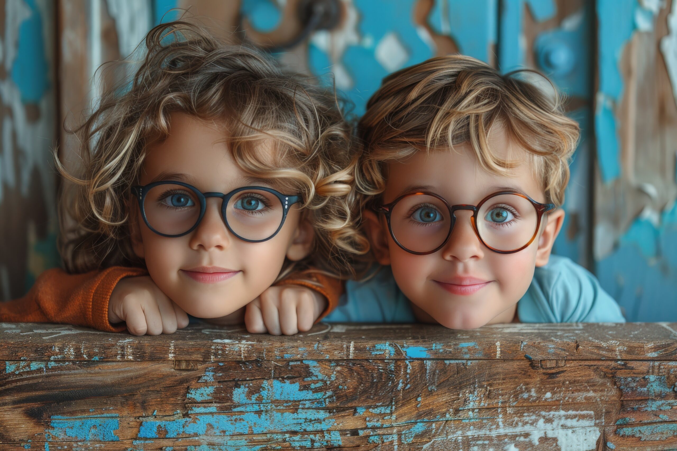 adorable-twins-with-matching-blue-glasses-and-curly-blonde-hair-share-a-curious-look-over-a-rustic-wooden-ledge